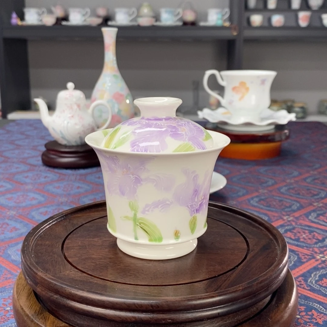 鸢尾花盖碗釉下手绘高温