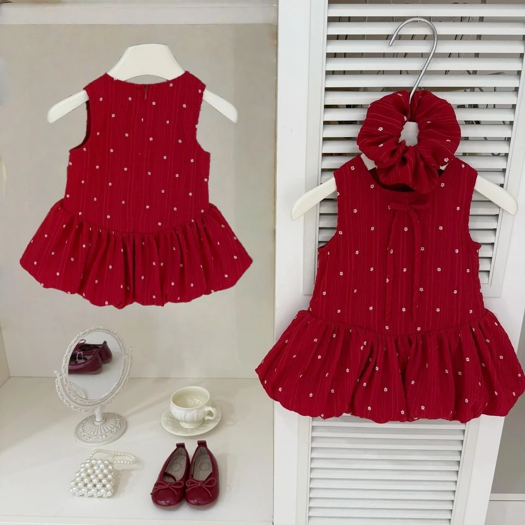 2025女童高级感红色花苞裙女宝宝夏季小花背心裙复古裙子
