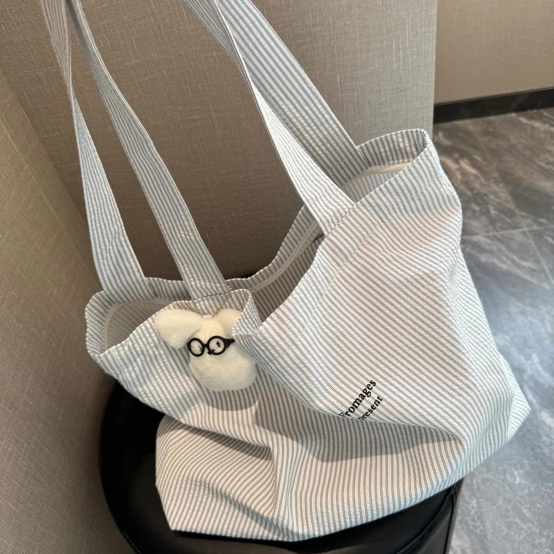 2025新款休闲条纹慵懒简约大容量通勤帆布包布袋百搭单肩托特yw