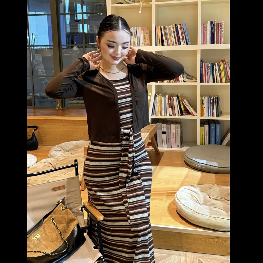 RAYHON韩系条纹吊带连衣裙搭配短款开衫套装女收腰显瘦