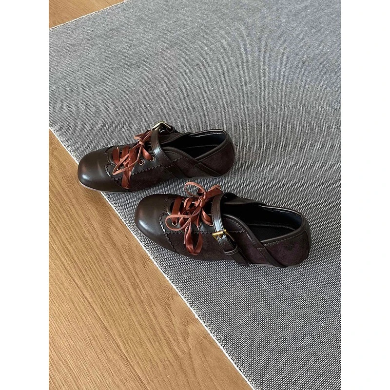 复古圆头一字扣休闲运动鞋平底韩版芭蕾舞鞋2025新款设计感德训鞋