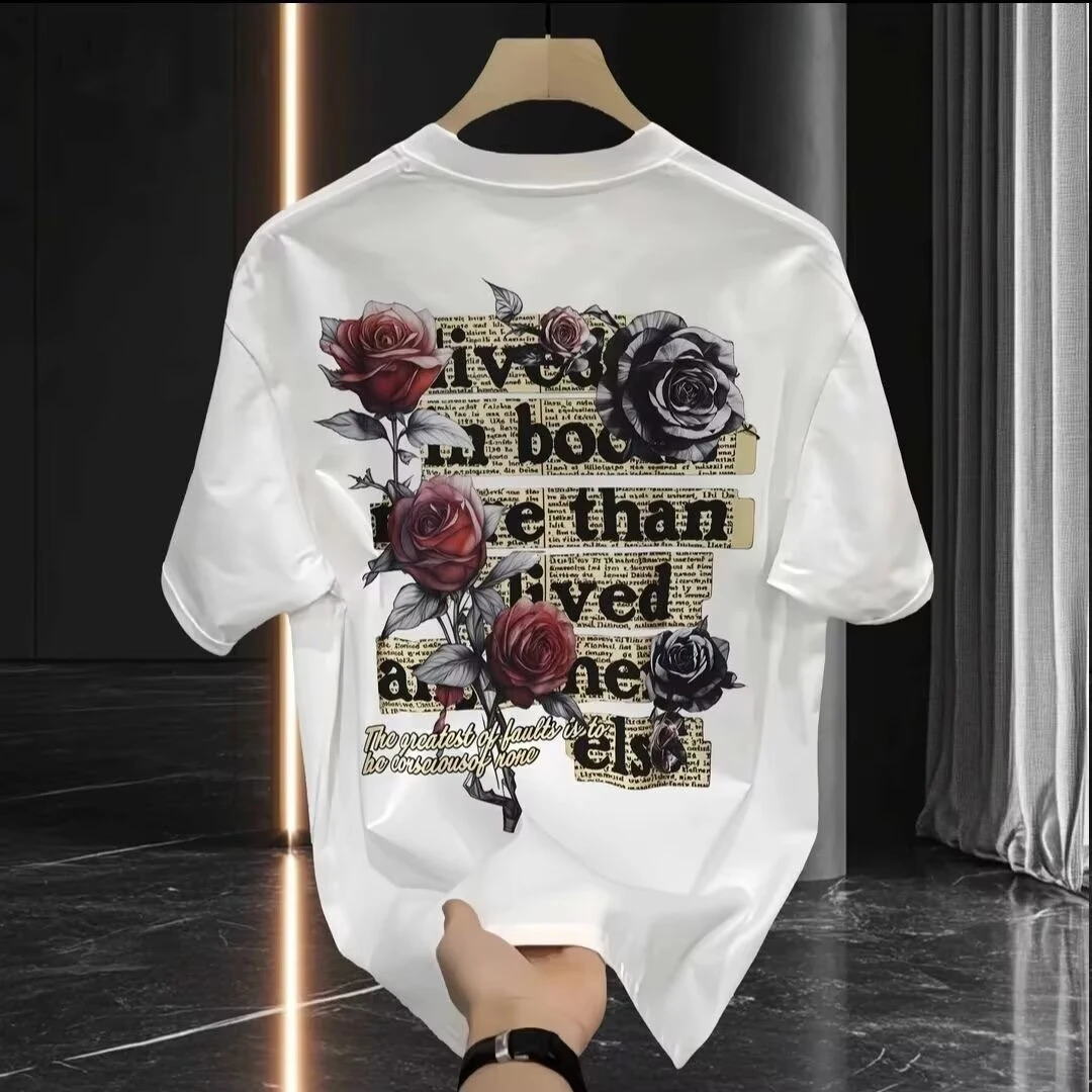 美式复古玫瑰印花t恤短袖男生夏季潮牌纯棉重磅2025年废土风男装