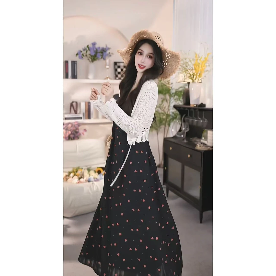 【有口袋】夏日清凉碎花修身显瘦玫瑰连衣裙法式吊带长裙裙子1405