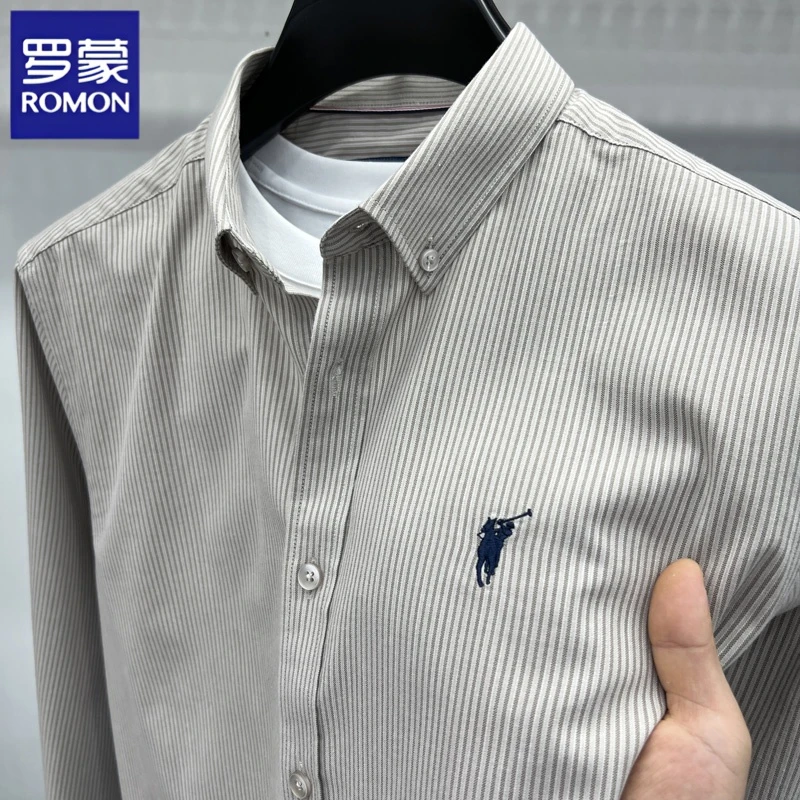 罗蒙高档轻奢男士长袖衬衫春秋季条纹百搭马标商务韩版打底衫衬衣