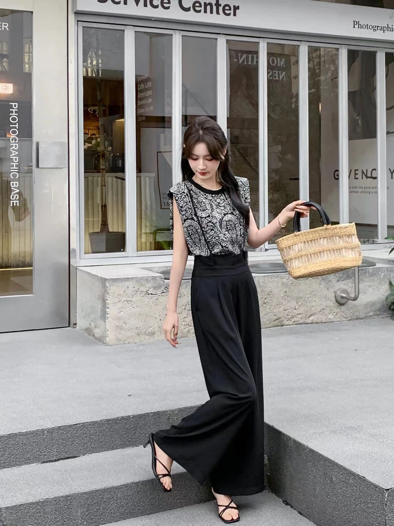 邹先森2563-29复古短袖上衣背带直筒长裤两件套时尚