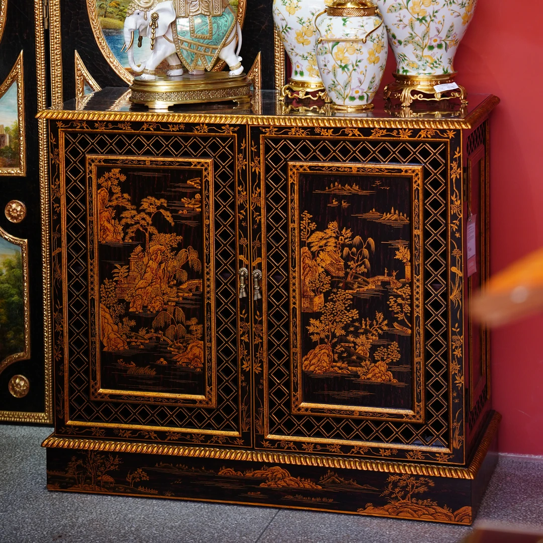 【本尼家】YS157法式中国风手工发丝黑底绘山水人物图案/双门玄关柜