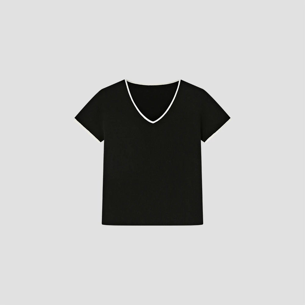 【小禾】“相思遥”春夏桑蚕丝莱赛尔混纺V领撞色针织显瘦打底25SS071