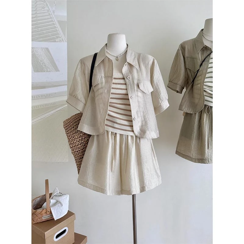 夏季时尚套装三件套短袖衬衫女装条纹吊带短裤2025年新款时尚小众