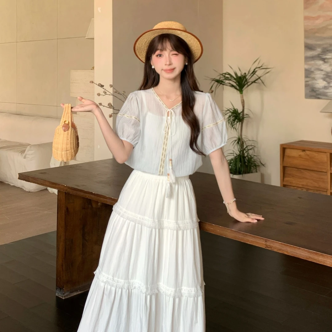 慕兔法式条纹小个子泡泡袖衬衫搭配打底吊带两件套女2025夏季新款