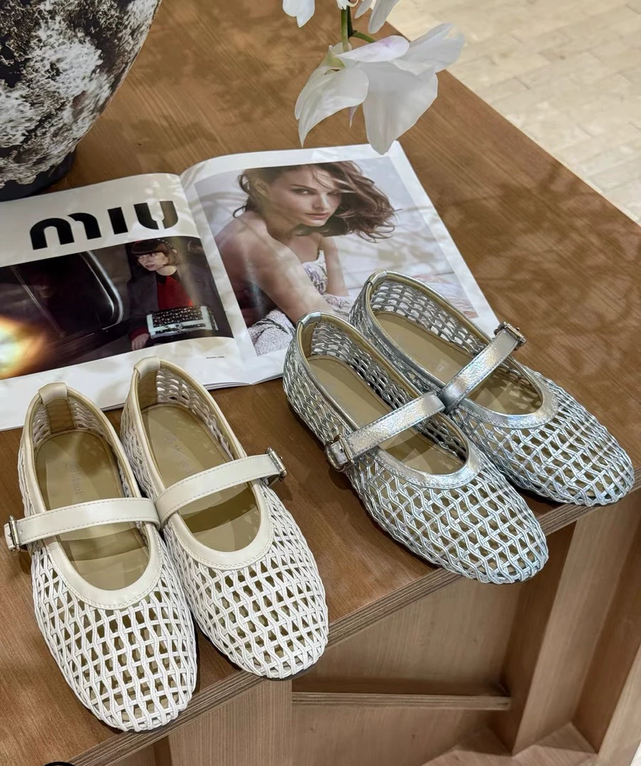 2025夏真皮镂空编织网面透气包头凉鞋女