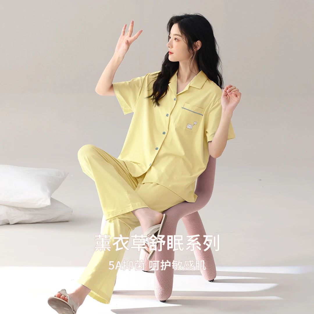 翻领开衫夏季透气短袖休闲睡衣套装简约甜美卡通