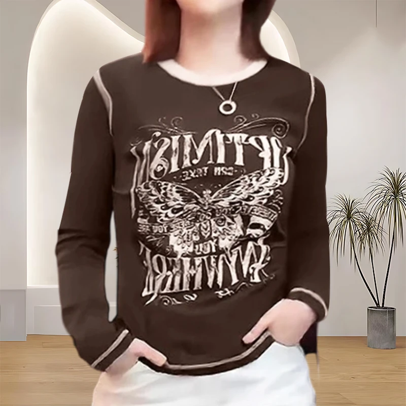 2025春秋爆款秋冬休闲百搭打底衫韩版字母印花拼接撞色长袖T恤女