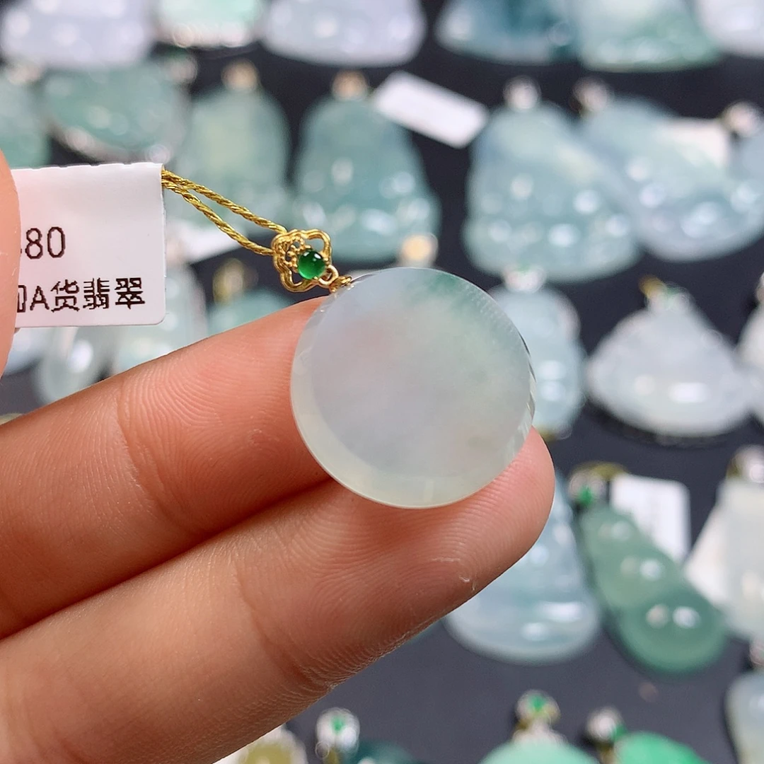 翡翠18K金镶嵌颈饰天然缅甸a货翡翠无事牌