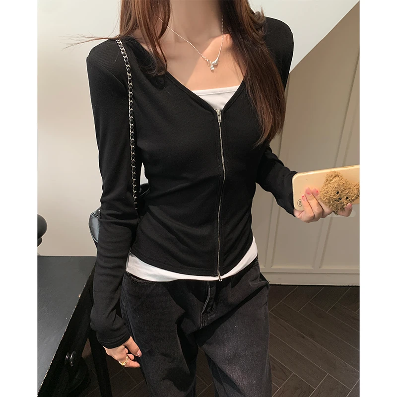 假两件设计感双拉链V领辣妹长袖女2025春秋季T恤修身纯欲内搭上衣