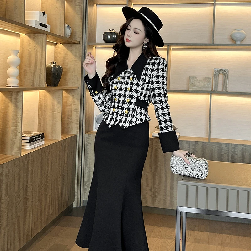 小香风黑白格子经典显瘦连衣裙时尚11491