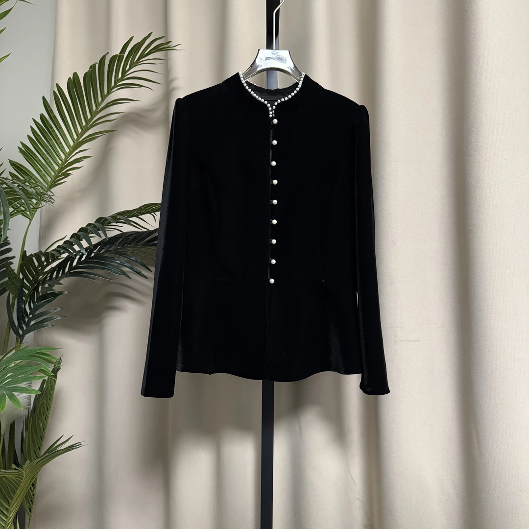 定制丝绒加厚重工串珠时尚气质百搭上衣