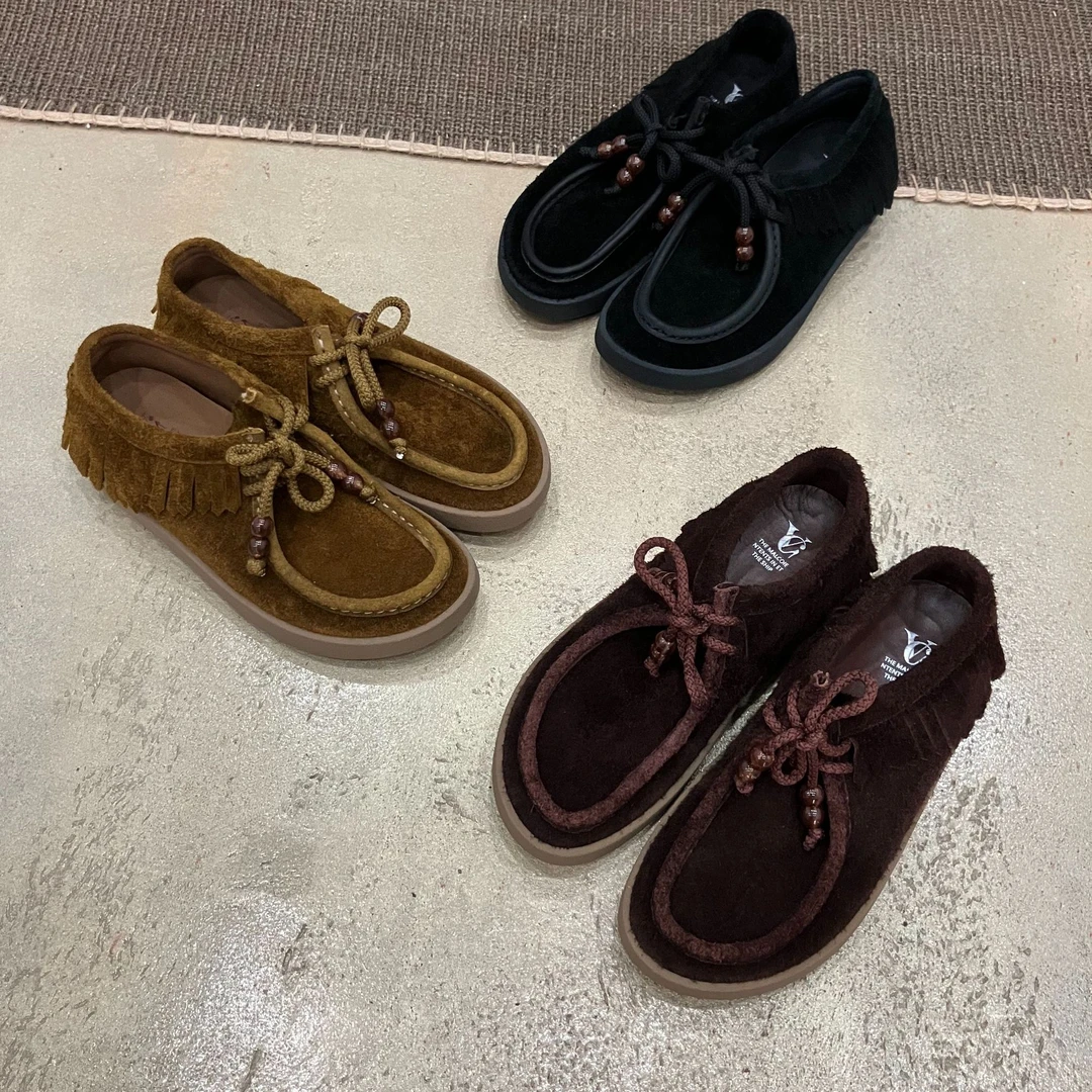 复古风舒适百搭平底流苏系带绒面乐福鞋女小单鞋女款2025新款爆款