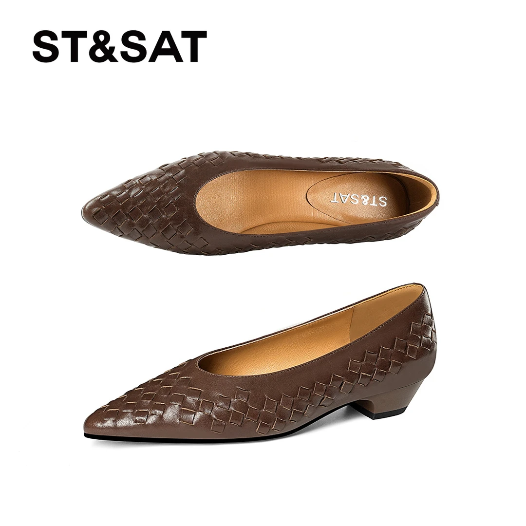 St&Sat/星期六尖头编织复古浅口朋克风舒适休闲单鞋时尚粗跟女鞋