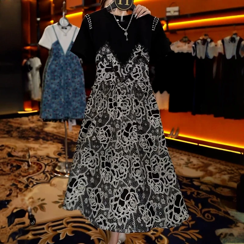 复古气质假两件短袖连衣裙女2025夏新款洋气蕾丝拼接显瘦休闲裙子