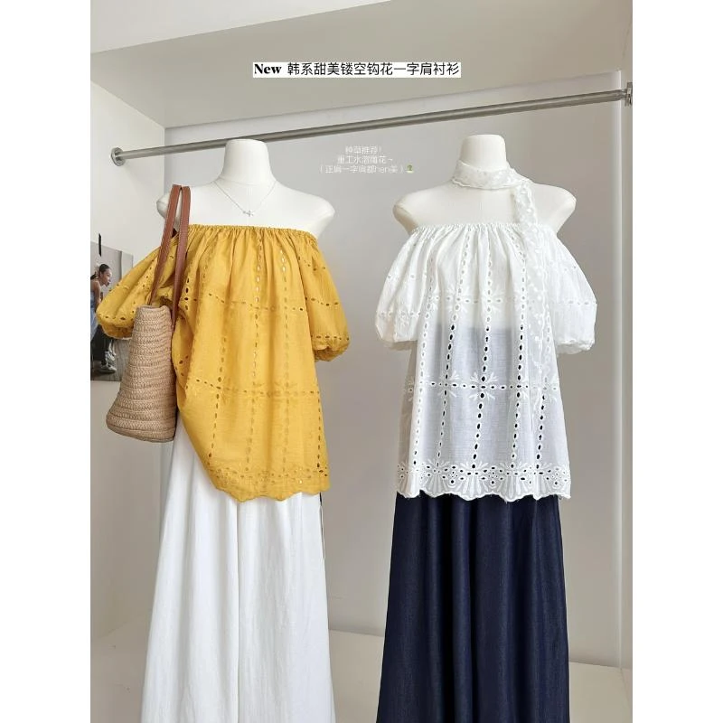 夏季新款韩系甜美镂空钩花一字肩短袖衬衫女宽松减龄小衫