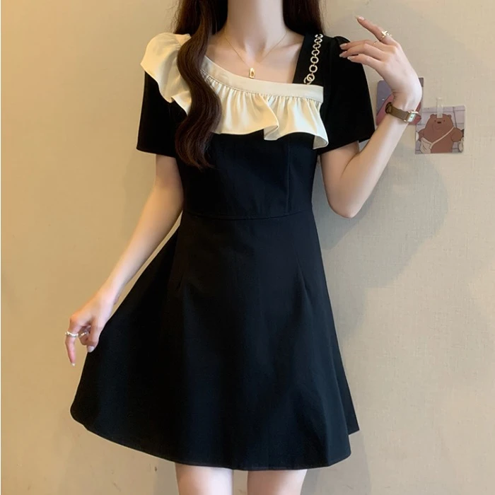 网红时尚炸街新款女装洋气时髦气质荷叶边夏季短袖大码连衣裙子女