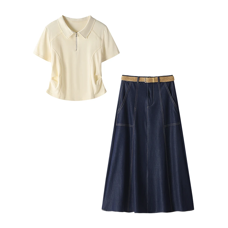 夏季穿搭一整套女新款休闲收腰短袖T恤百搭牛仔半身裙两件套2206