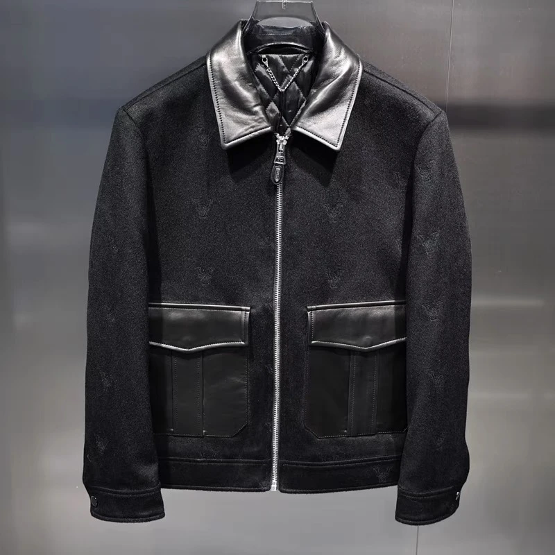 秋冬欧货高端男休闲百搭提花拼接翻领皮夹克轻奢修身外套KW24J071