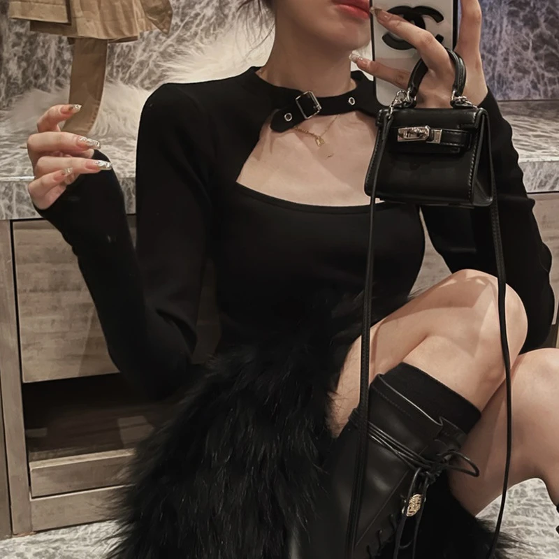 气质黑色挂脖修身连衣裙女秋季新款辣妹镂空长袖收腰开叉包臀短裙