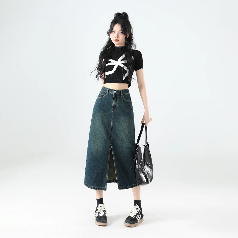 新款高腰显瘦中长款包臀裙2025设计a字开叉牛仔半身裙女气质高级