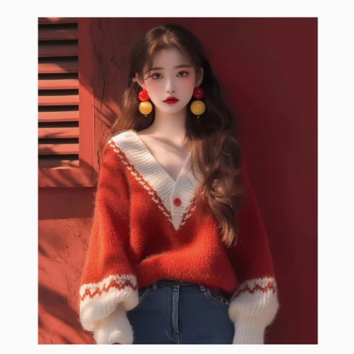 MISU/糜素慵懒风红色毛衣女冬季复古灯笼袖V领高级感减龄针织衫