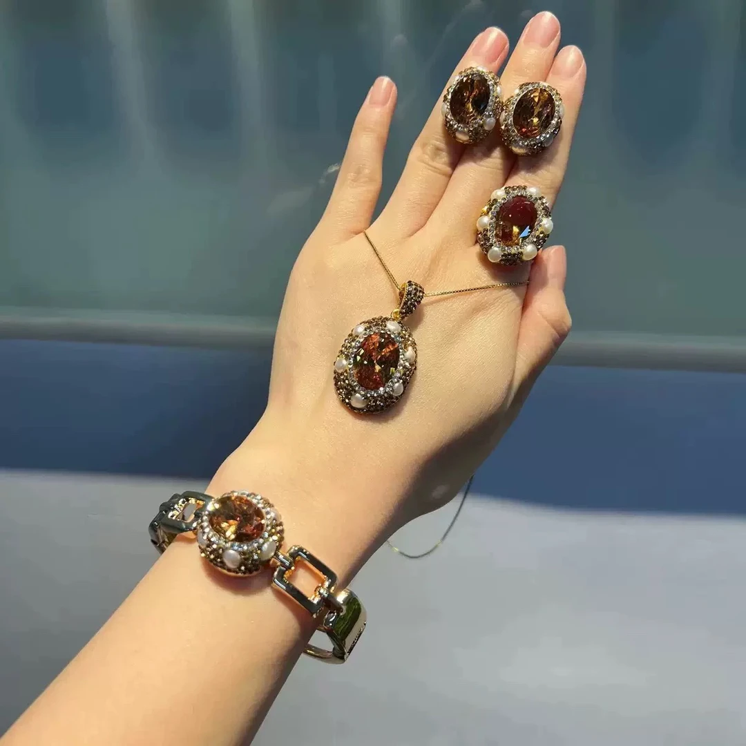 铜项链 精品/变色石A级项链耳钉手镯戒指四件套小众中古饰品套装