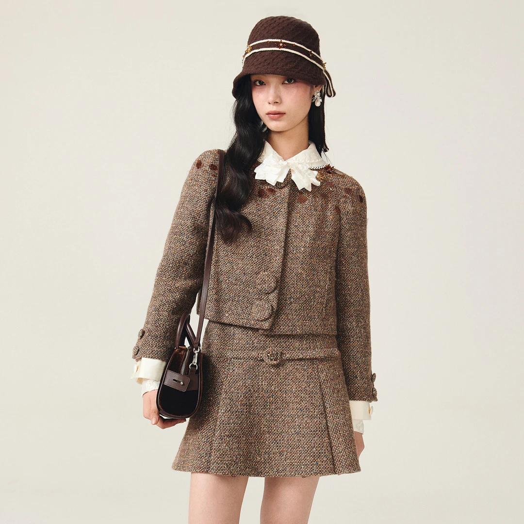 lefame拉飞姆2025冬季新款60年代摩登千金珠饰多彩毛呢外套上衣