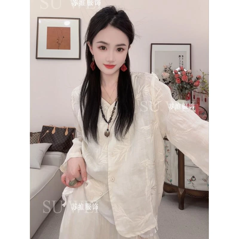 9327苎麻衬衫夏季刺绣上衣女装蕾丝茶香提花时尚春夏气质