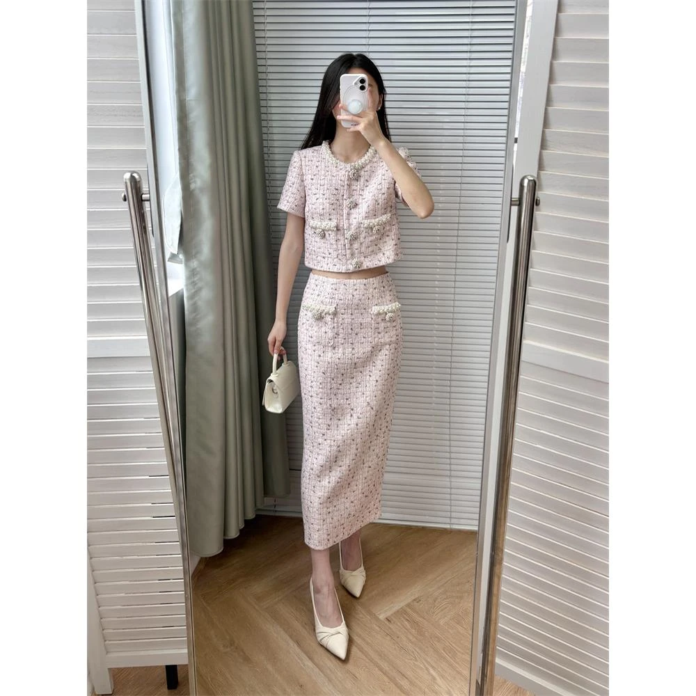 名媛千金！优雅红粉混色粗花呢香风珍珠圆领短袖上衣+开衩半身裙