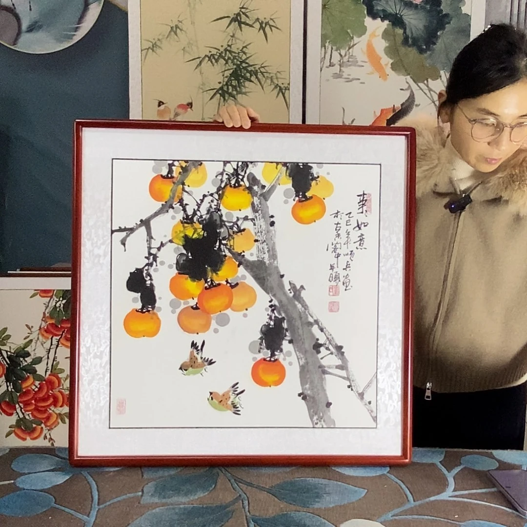 国画手写手绘国画作品带框包邮62✖️62