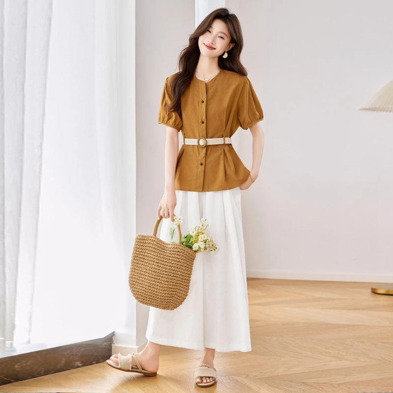 阔腿裤套装女2025夏季新款大方得体小香风职业气质亚麻穿搭两件套