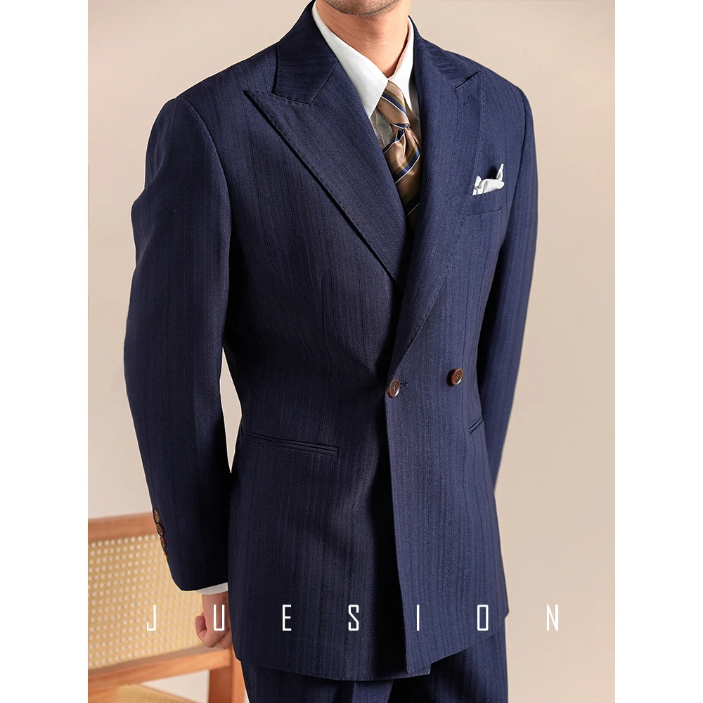 JUESION 意式双排扣西服套装男士戗驳领藏青色休闲西装结婚两件套