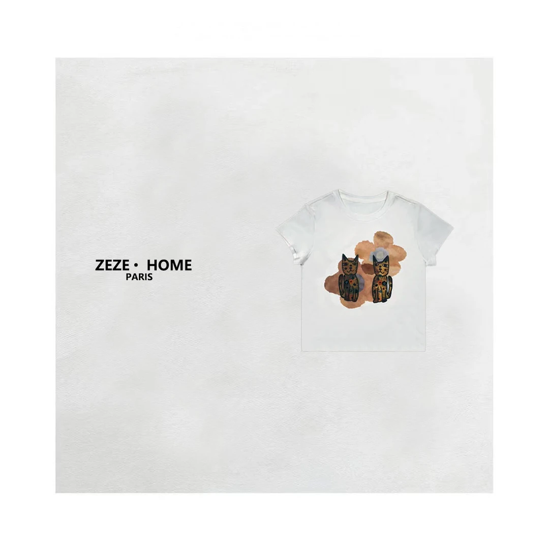 【多多专属】小众设计手绘猫咪印花休闲修身短袖T恤女夏季2025新款