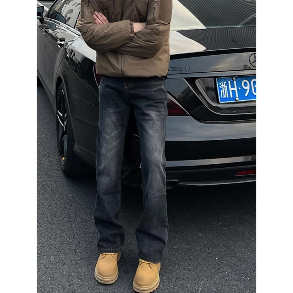 水洗渐变弯刀裤子男款秋冬美式高街vibe加绒牛仔裤修身直筒微喇裤