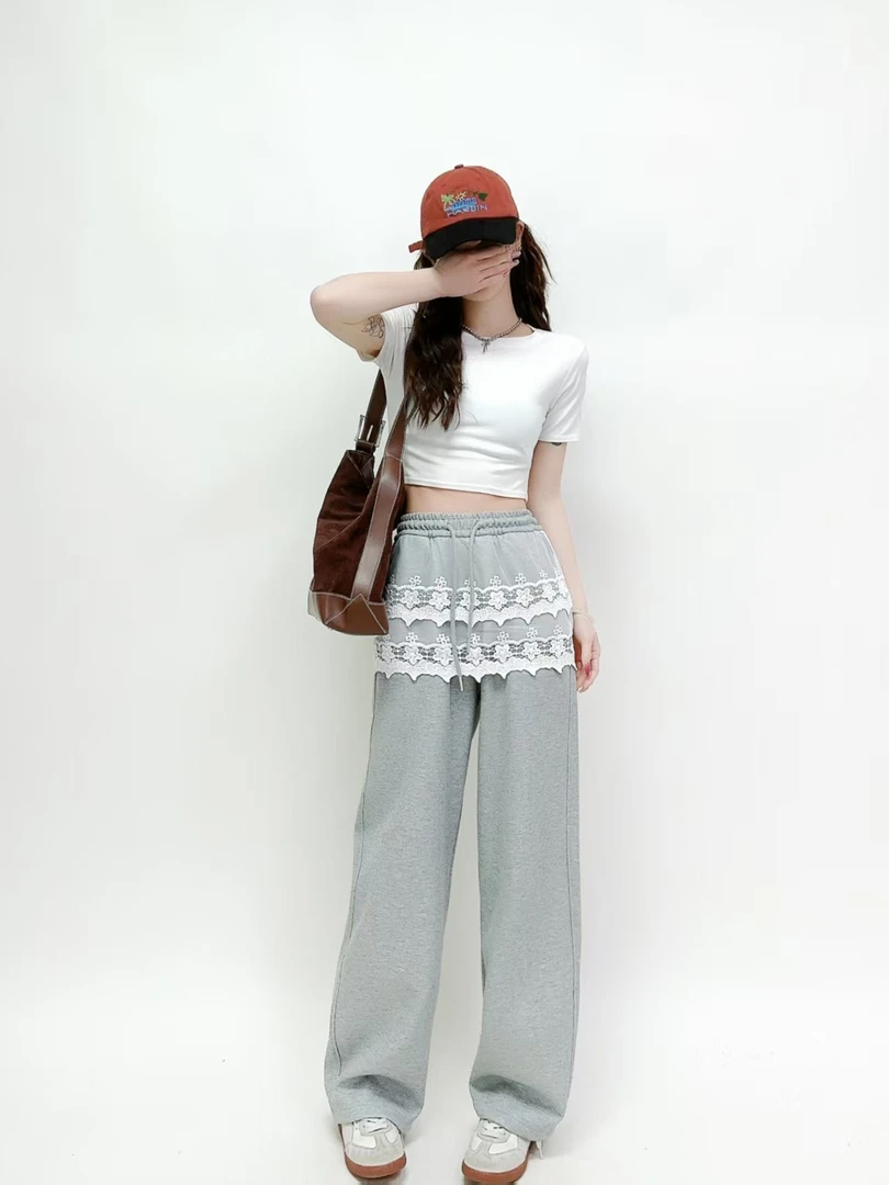 【蕾丝】127款阔腿裤加长卫裤脚口百搭 拉条