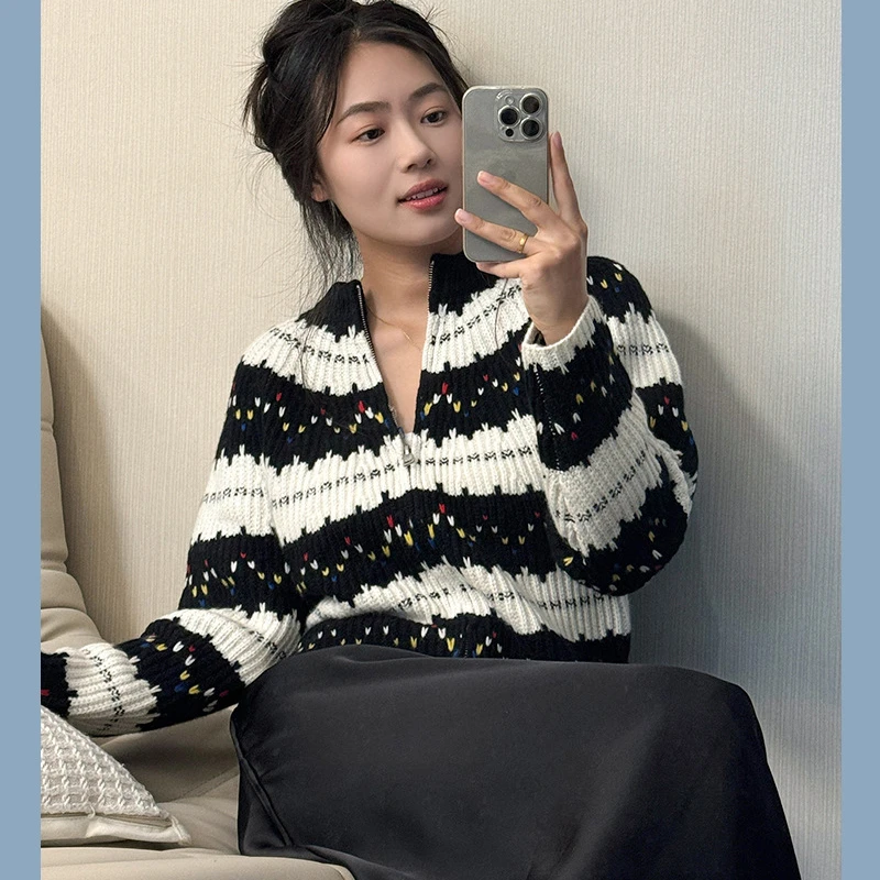 2024冬季新款圆领彩色波点提花费尔岛毛衣纯羊毛针织拉链开衫