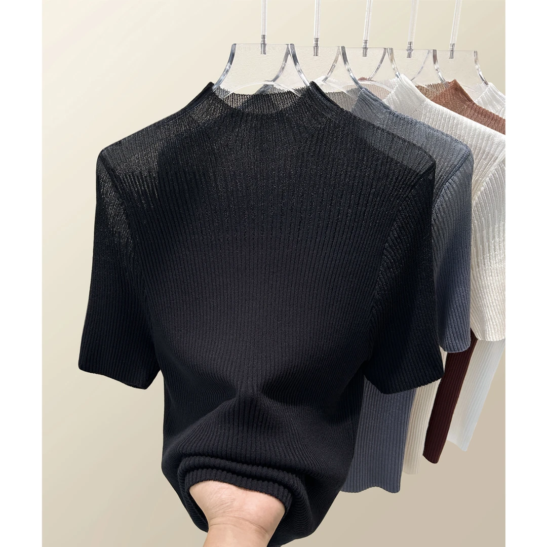 夏季半高领蕾丝网纱设计上衣女装2025年时尚莱赛尔修身短袖针织衫