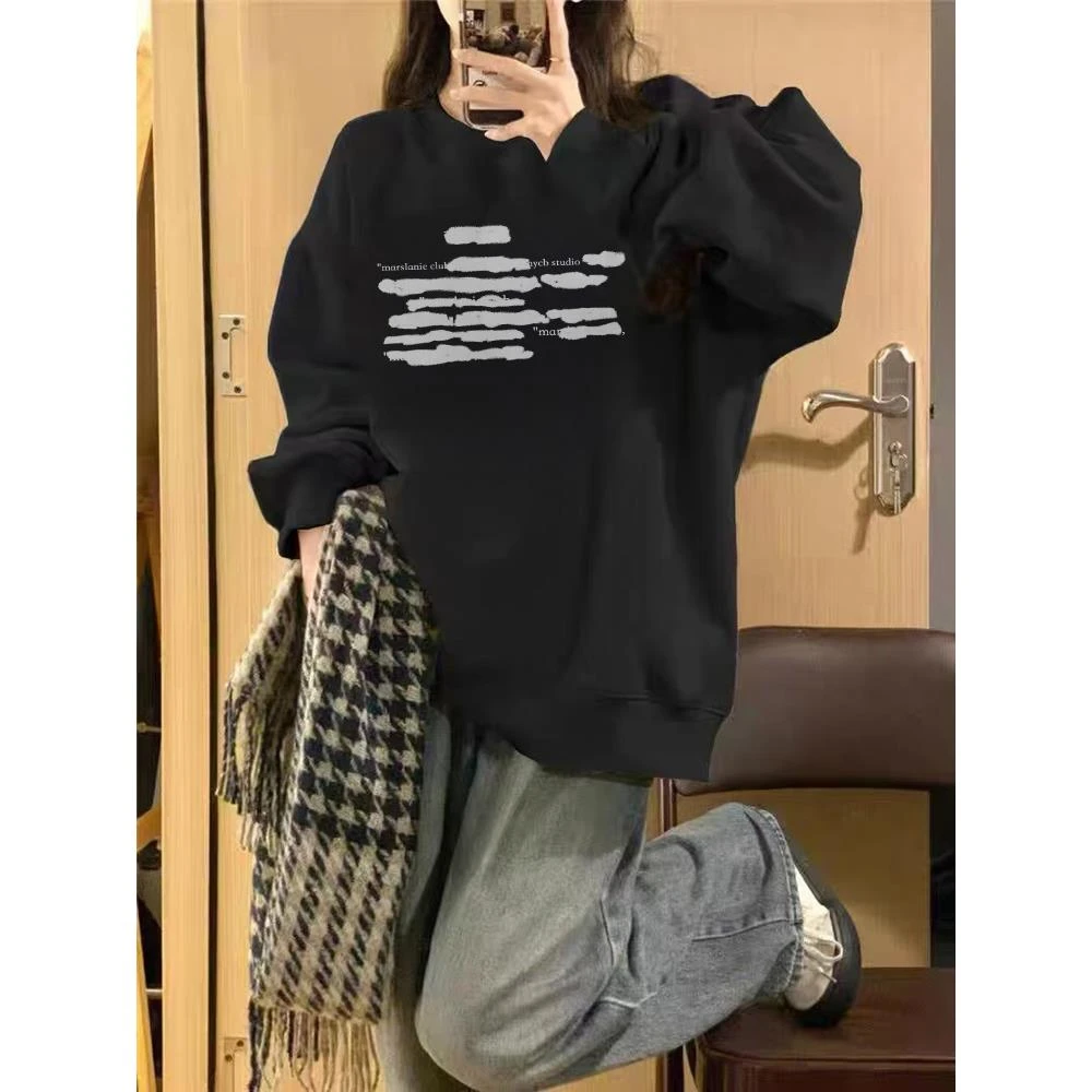 重磅美式复古潮牌字母涂鸦卫衣女2025新款设计感无帽长袖上衣