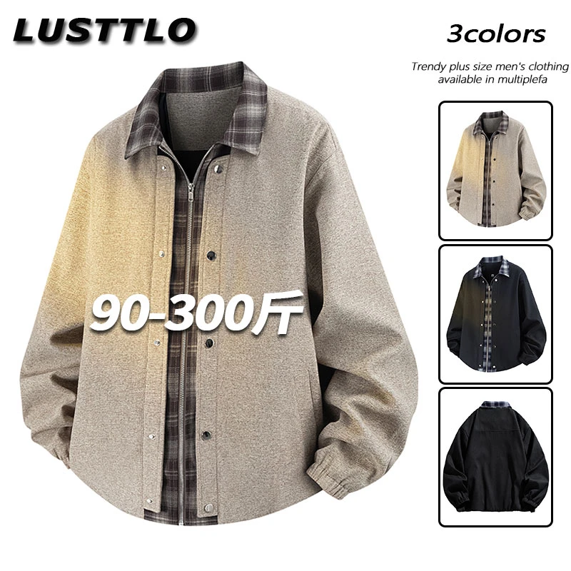 男士大码夹克格纹翻领宽松秋季新款休闲时尚潮流保暖胖子宽松外套
