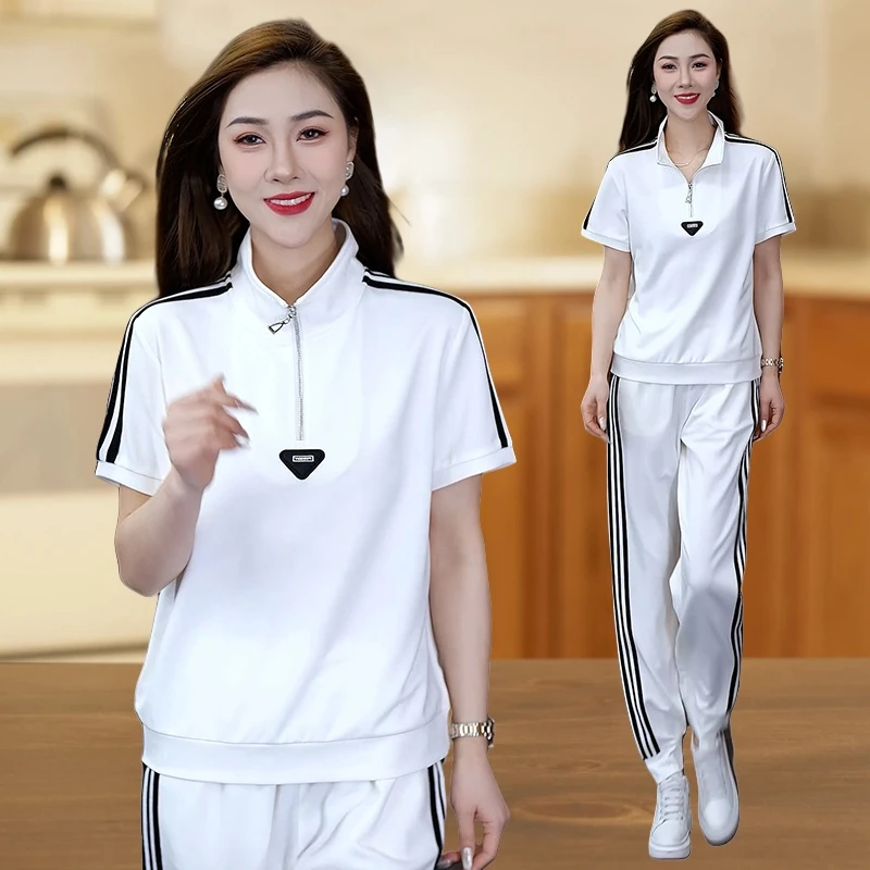 酷酷的运动套装2025新款休闲女装港风减龄短袖上衣直筒裤两件套夏