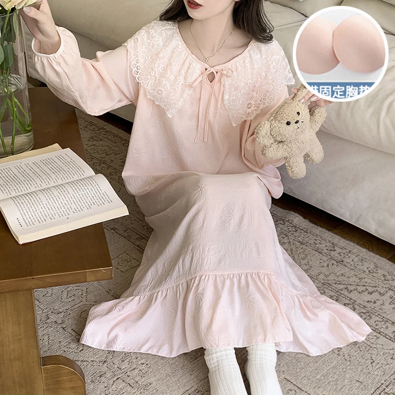 Meng luan/梦鸾春秋季蕾丝花边带胸垫睡衣女士休闲长袖睡裙家居服