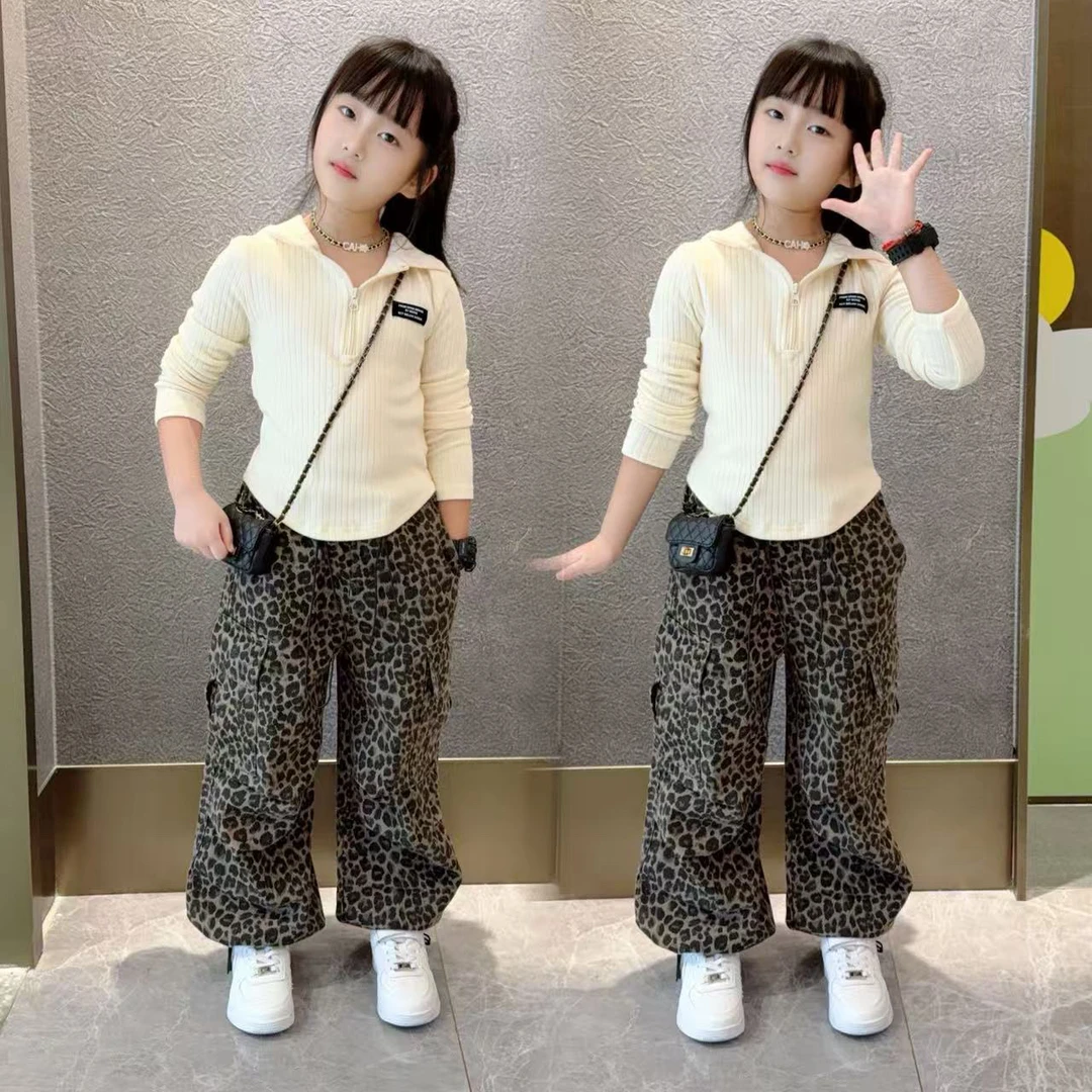 女童秋季连帽卫衣超好看套装儿童装洋气工装豹纹裤