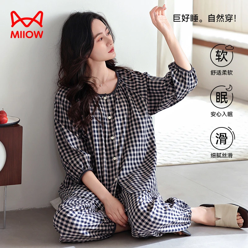 猫人睡衣夏季女士纯棉半袖新款休闲大码春秋款九分裤中年款家居服