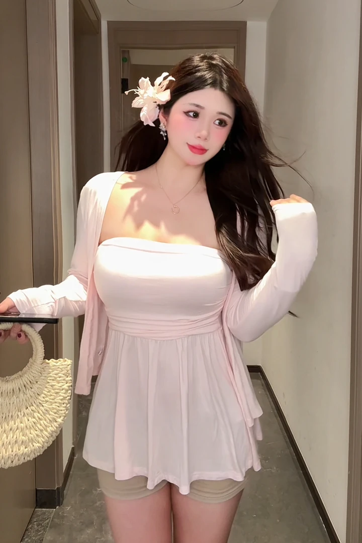 【惠珍】胖MM微胖纯欲抹胸上衣粉色针织开衫不规则慵懒法式优雅套装