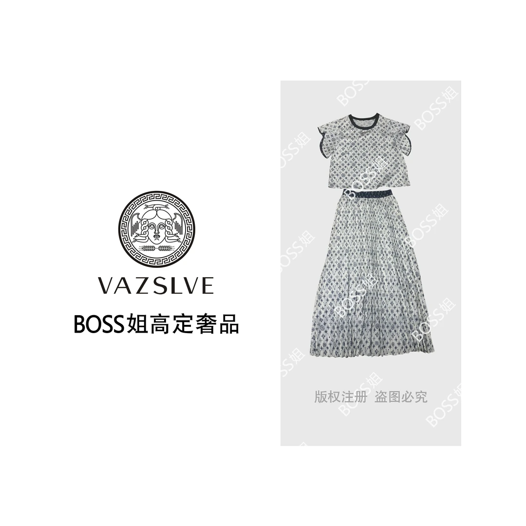 VAZSLVE/原创设计老花印花套装短上衣百褶裙时尚高级范2022